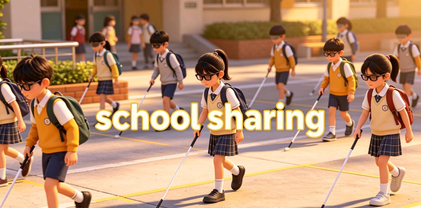 Ilustrasi 3D bergaya animasi Pixar yang hangat menampilkan beberapa anak sekolah dengan kacamata hitam sedang berjalan beriringan di halaman sekolah yang cerah. Mereka mengenakan seragam sekolah berupa rompi kuning, kemeja putih, rok lipat atau celana biru motif kotak-kotak, dan tas ransel sambil membawa tongkat penuntun putih (tongkat tunanetra). Terdapat tulisan berwarna kuning cerah berbunyi 'school sharing' dengan bayangan putih tipis melintasi bagian tengah gambar.