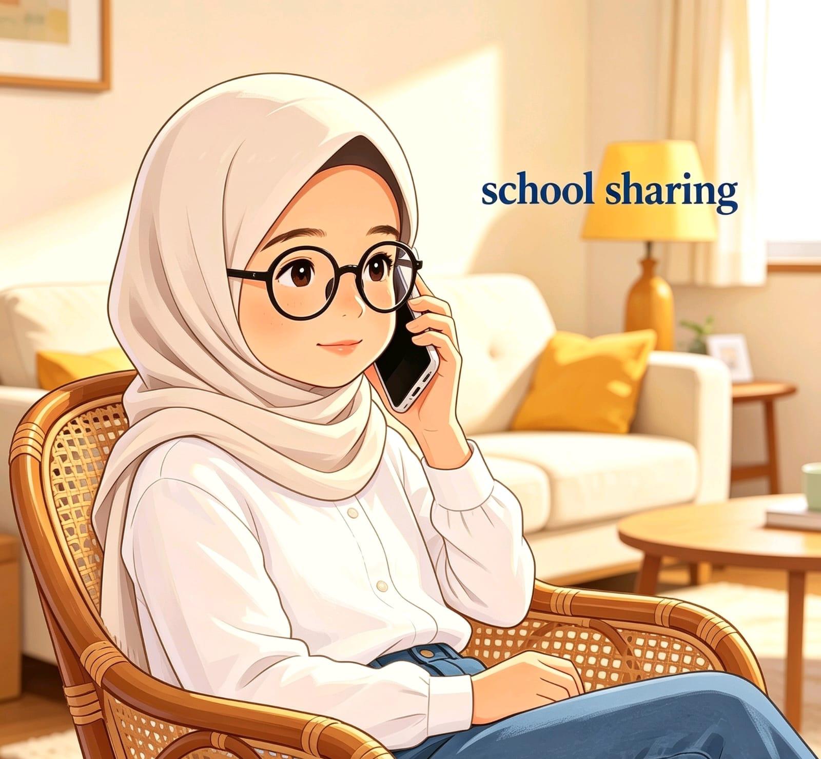 Ilustrasi bergaya anime yang lembut menampilkan seorang gadis berhijab krem dan kacamata bulat hitam besar sedang duduk santai di kursi rotan. Ia sedang menelepon menggunakan ponselnya dengan senyum hangat di wajahnya. Latar belakangnya adalah ruang tamu yang nyaman dengan sofa krem, lampu meja kuning yang menyala hangat, dan meja kayu kecil. Di sudut kanan atas terdapat tulisan berwarna biru gelap berbunyi 'school sharing'.