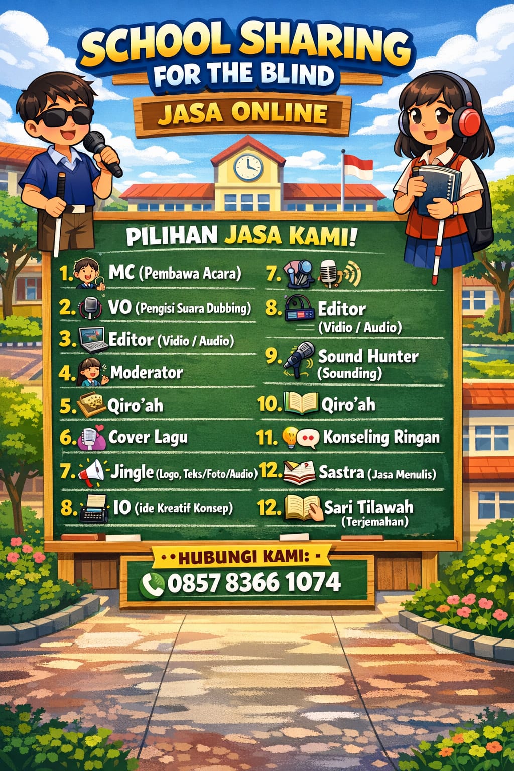 Ilustrasi bergaya anime hangat menampilkan seorang perempuan berhijab sedang berbicara di hadapan mikrofon studio profesional lengkap dengan pop filter. Ia mengenakan headphone putih dan tersenyum hangat saat melakukan rekaman suara di atas meja kayu. Di sampingnya terdapat laptop yang menyala memperlihatkan grafik gelombang frekuensi audio dari aplikasi penyuntingan suara. Ruangan studio mini tersebut diterangi cahaya lampu hangat yang memberikan suasana nyaman dan penuh kreativitas.
