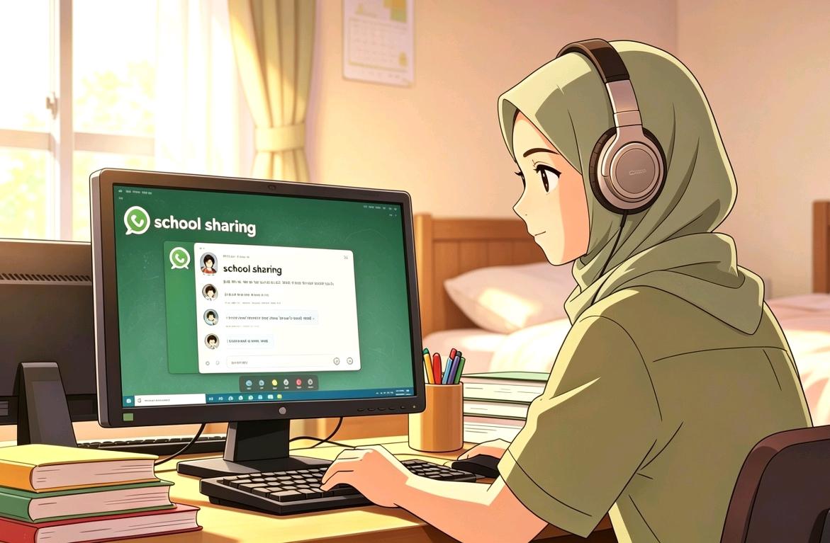 Ilustrasi bergaya anime hangat menampilkan seorang gadis berhijab hijau sedang belajar menggunakan komputer desktop sambil mengenakan headphone. Ia tersenyum lembut menghadap layar monitor yang menampilkan aplikasi 'school sharing'. Di atas meja kayu terdapat tumpukan buku pelajaran dan tempat pensil warna-warni, berlatar belakang kamar tidur yang nyaman disinari cahaya matahari sore yang hangat.